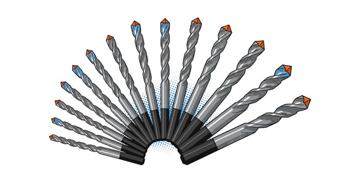 Set of metallic drill bits with tungsten carbide tips in cartoon style