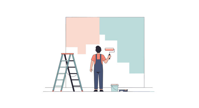 Home renovation concept with man painting wall in minimalist style