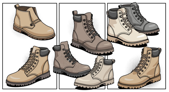 Stylish collection of casual boots: assorted designs in comic style for fashion enthusiasts