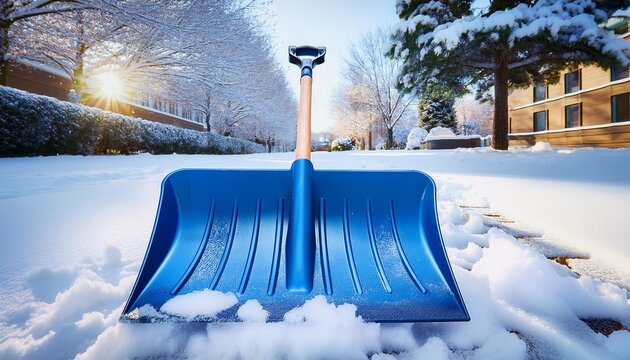 low angle shot blue snow shovel clearing a sidewalk after heavy snowfall