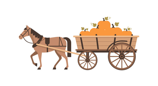 Autumn harvest wagon with pumpkins pulled by horse in flat style