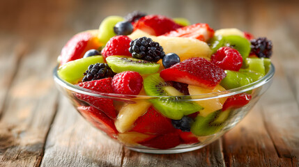 Obraz premium Fresh mixed fruit salad featuring ripe strawberries, kiwi slices, pineapple chunks, blackberries, raspberries, and blueberries in a clear glass bowl on rustic wooden