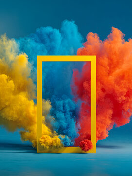 A vibrant colorful smoke explosion featuring bright yellow, blue, and red clouds framed by a bold yellow rectangle against a deep blue background in an artistic disp