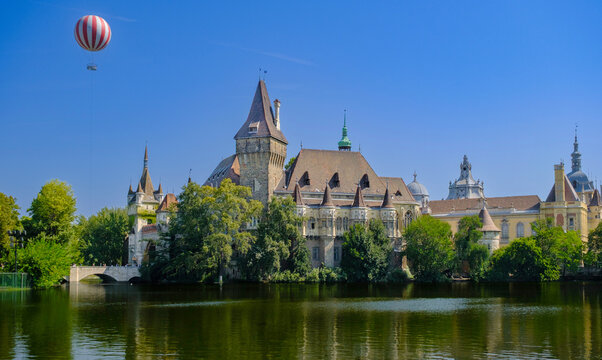 Vajdahunyad Castle (Hungarian-Vajdahunyad vara) with lake reflection. Budapest Hungary