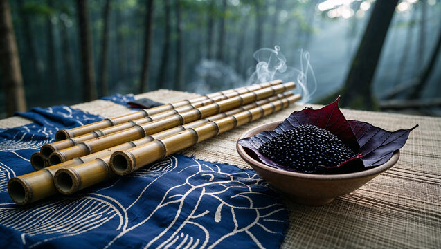 Traditional black sister&rsquo;s rice in a bowl and bamboo lusheng flutes on a blue batik cloth, set against a misty forest background during the Miao Sisters' Festival
