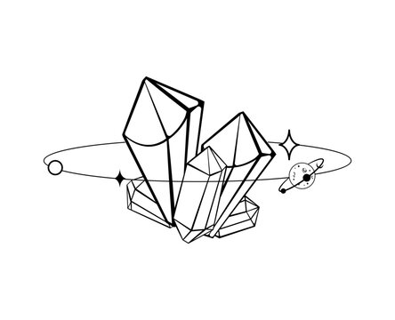 Black and white vector illustration of crystal clusters with an orbital ring and tiny planet. Minimal mystical space design for tattoo, print, poster, or logo.