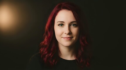 Fototapeta premium Young Caucasian woman with red hair smiling confidently in professional portrait with warm lighting against dark background for business headshots.