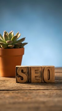 Wooden letter blocks spelling SEO on rustic table with succulent plant in terracotta pot against blue background for digital marketing and web optimization concepts.