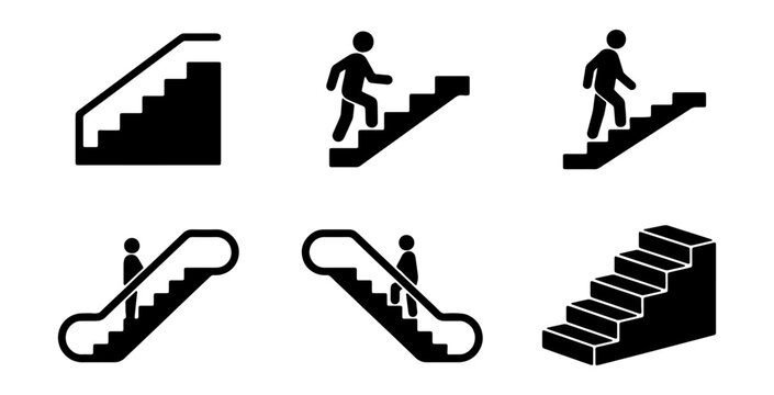 Stairway icons, staircase symbols, escalator graphics, steps illustrations