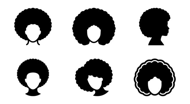 Afro hairstyle silhouettes, black hair icons, vector hair profiles, diverse hairstyles