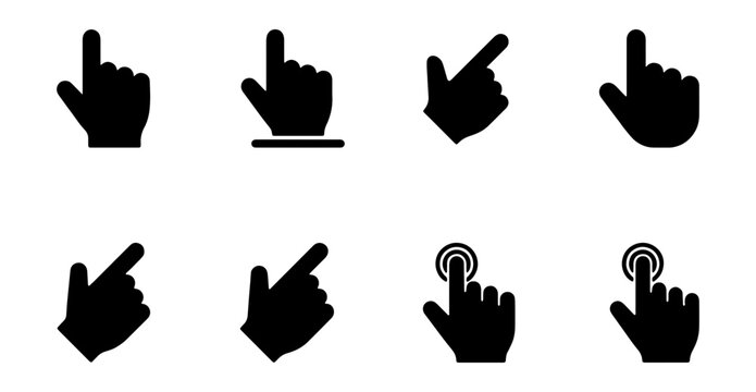 Hand gesture icons, pointing fingers, cursor symbols, black hand signs