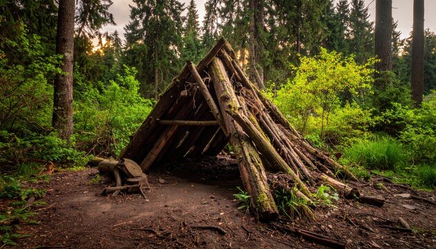 A rustic log and debris shelter nestled within a vibrant, green forest setting