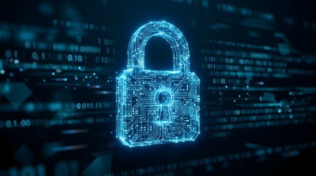 Futuristic Digital Padlock Cybersecurity Concept with Glowing Blue Circuit Board Lines and Data Points on Dark Binary Background