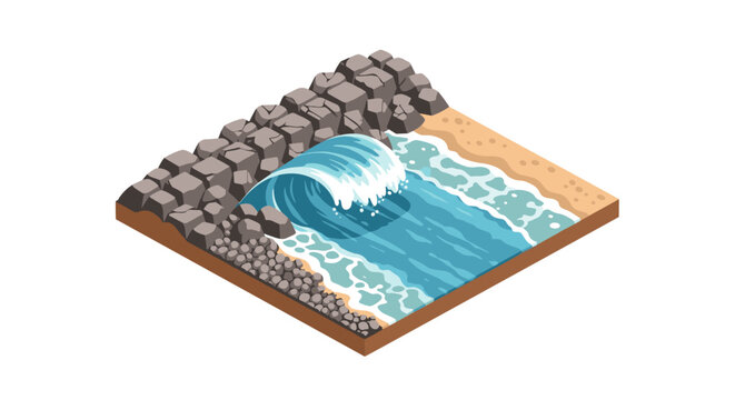 Isometric ocean wave hitting rocky shoreline with sand and foam details