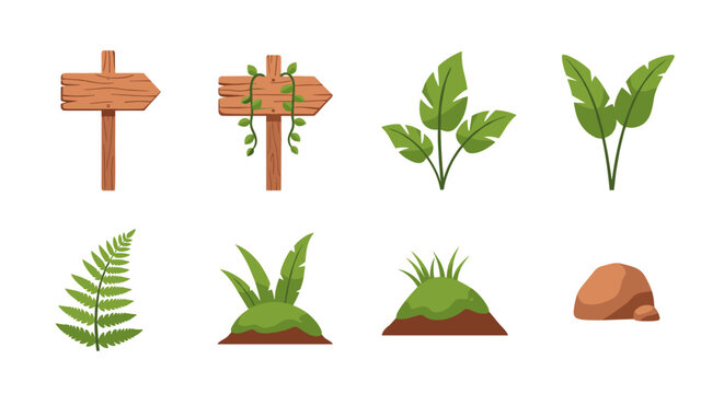 Nature elements collection: wooden signs and greenery in flat design