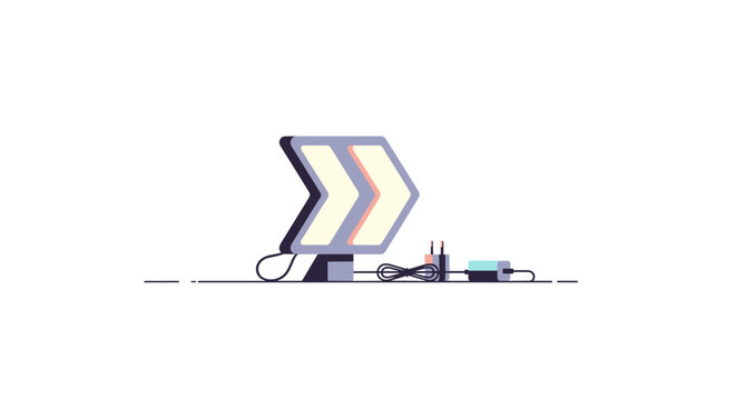 Modern neon sign with arrows and plugged-in adaptor on minimalist background