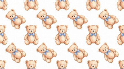 Fototapeta premium Seamless watercolor pattern of cute brown teddy bears wearing blue bows on white background