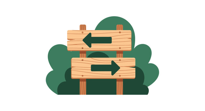 Wooden direction signs with arrows in rustic style on green background