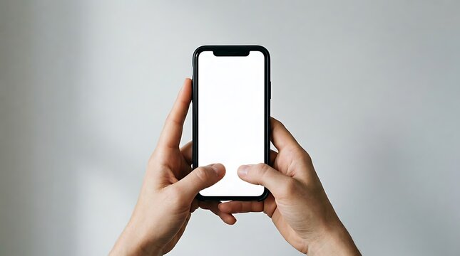 Two hands holding a smartphone with a blank white screen in front of a gray background