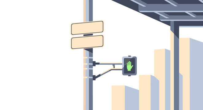 Urban crosswalk signal with blank signs under modern overpass