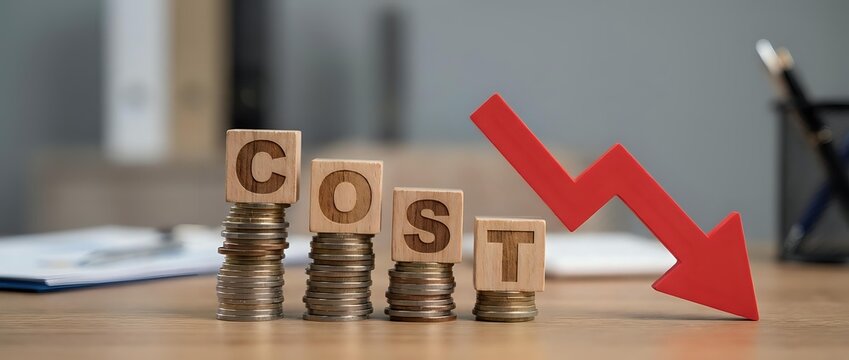 Wooden blocks spelling COST with coin stacks showing decreasing heights and red arrow pointing down, representing expense reduction and financial savings.