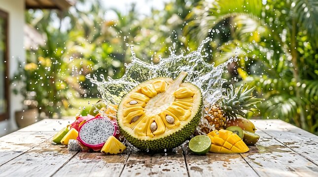 Potongan buah cempedak (Artocarpus integer) matang dengan pusaran air segar dan daun hijau di atas latar belakang abu-abu minimalis