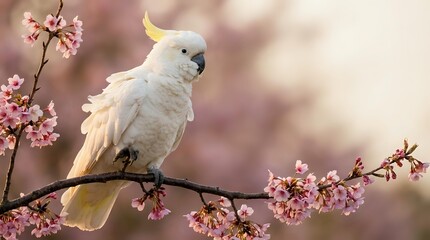 Fototapeta premium White cockatoo with yellow crest perched on blooming cherry blossom branch in soft spring garden setting with pink flowers and warm bokeh background.