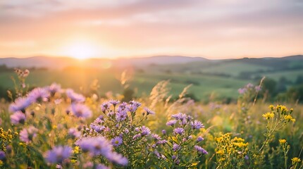 Obraz premium Wildflowers bloom in golden sunset light across rolling countryside meadow with purple and yellow blossoms creating peaceful natural landscape scene.