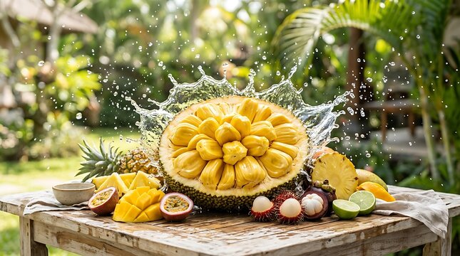 Cempedak (Artocarpus integer) kupas di meja kayu dengan aneka buah tropis seperti manggis nangka rambutan naga dan nanas segar