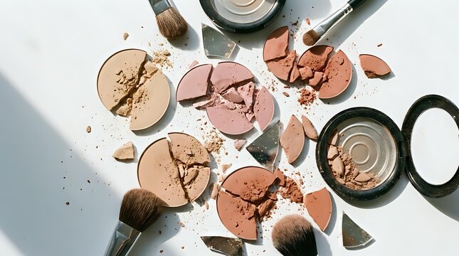 Broken makeup powder compacts and brushes scattered on white surface creating artistic beauty cosmetics flatlay composition for design projects.