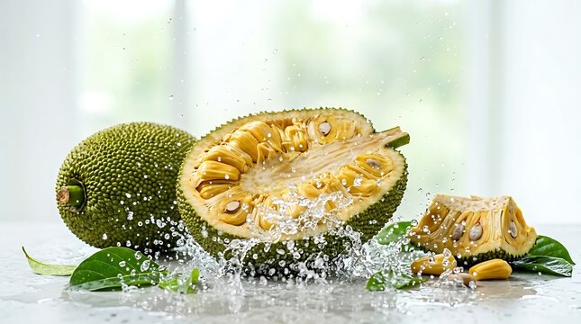 Cempedak Nangka (Artocarpus integer) segar yang terbelah dengan percikan air kristal di atas permukaan meja studio latar belakang terang