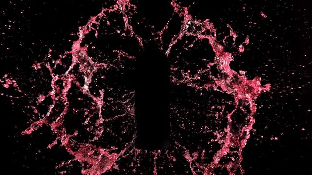 Super Slow Motion of Splashing Water on Black Bottle Shape. Filmed on High Speed Cinema Camera, 1000 fps.