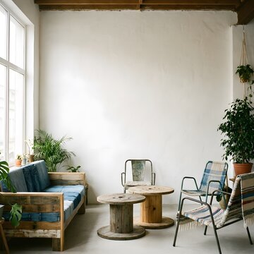 Bright rustic living room with pallet sofa, cable reel tables, and green plants against a white wall