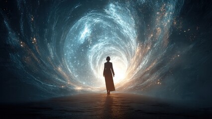 Fototapeta premium Silhouette of Woman Standing in Cosmic Tunnel