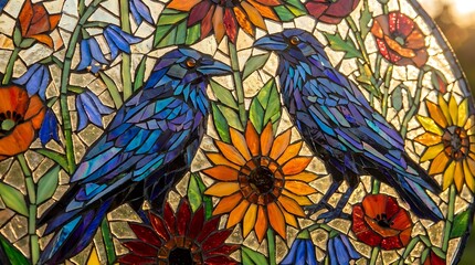 Fototapeta premium Stained glass style artwork featuring two blue ravens perched among vibrant sunflowers and wildflowers with colorful geometric patterns and warm lighting.