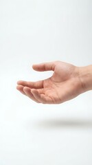Obraz premium Open cupped hand gesture on white background showing palm up in protective caring position for presenting or receiving concept.
