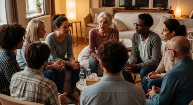 A diverse group of people sitting in a circle and engaging in a conversation in a cozy living room