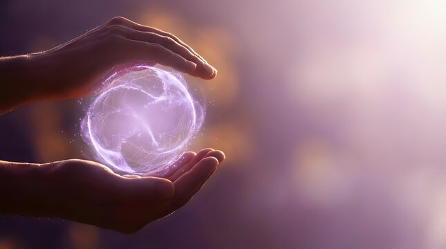 Hands protecting glowing purple energy sphere with magical light effects on soft gradient background for spiritual healing and mystical concepts.