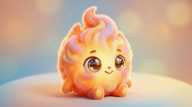Cute cartoon fire elemental creature with big eyes sitting on a soft glowing surface in a dreamy pastel background.