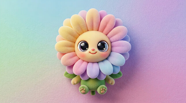 Cute cartoon flower character with rainbow petals and big eyes sitting on green stem against pastel gradient background