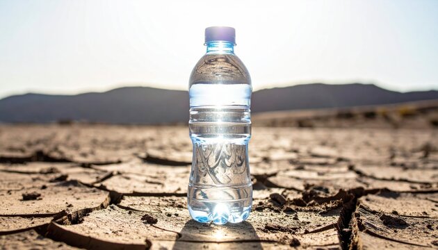 A single empty plastic water bottle symbolizes scarcity on dry cracked earth