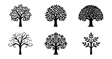 Black tree silhouettes, 6 decorative nature icons, floral and swirl tree vector set