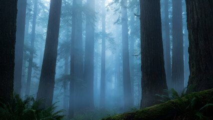 Fototapeta premium Mystical Forest Fog: Tall Trees in Ethereal Light