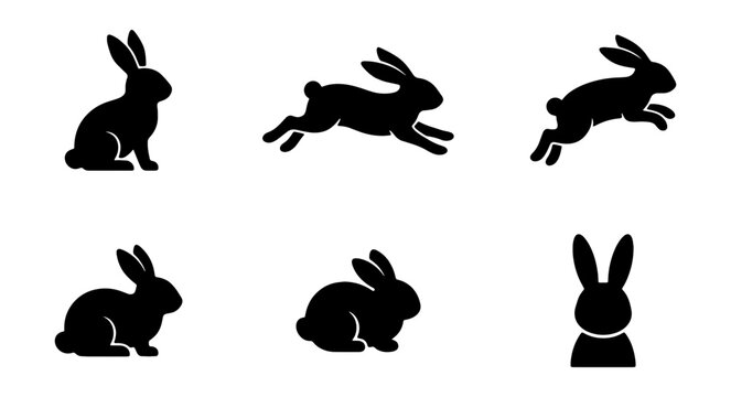 Rabbit silhouette set, black bunny icons, jumping and sitting hare vector collection
