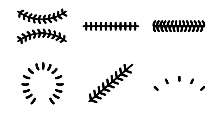 Baseball stitches vector set, black softball seam icons, 6 sports embroidery elements