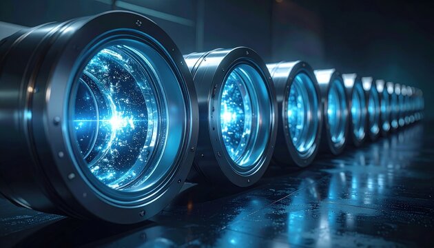 Row of Luminous Metallic Quantum Resonator Cavities in a Futuristic Setting