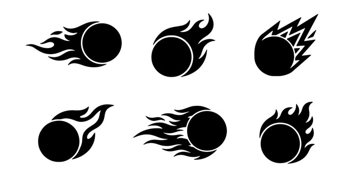 Fireball silhouette icons set, flaming comet vector shapes, 6 black fire ball graphics
