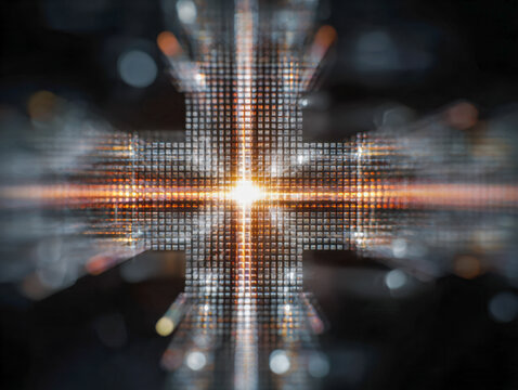 Illuminated futuristic digital grid structure with radiant light beams crossing symmetrically in a dark abstract technological background composition