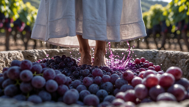 Close up of a woman's bare feet treading red grapes in a stone vat with juice splashing up in a sunny vineyard