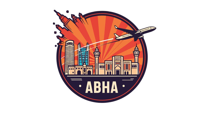 Abha City Travel Logo with Airplane and Buildings on Orange Background.